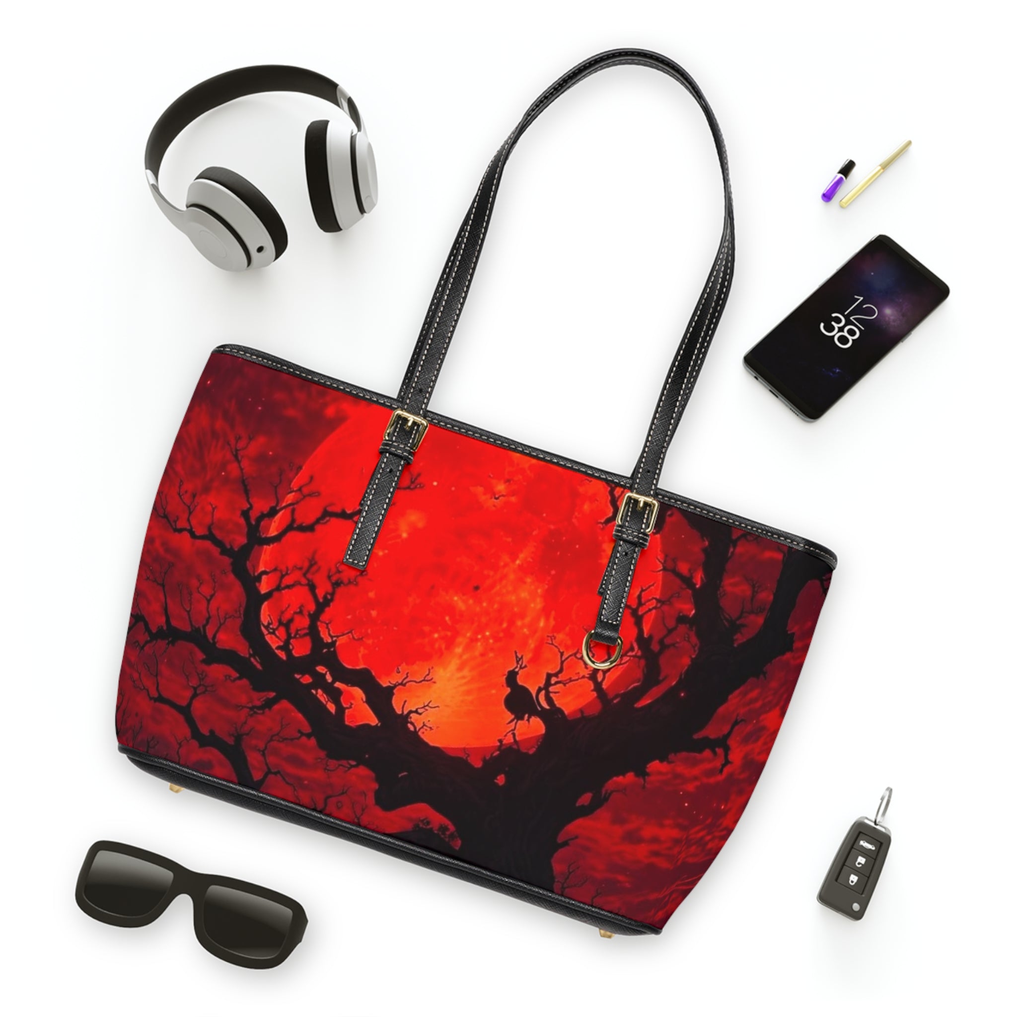 Red Moon Silhouette PU Leather Shoulder Bag — Gothic Tree Sunset Tote