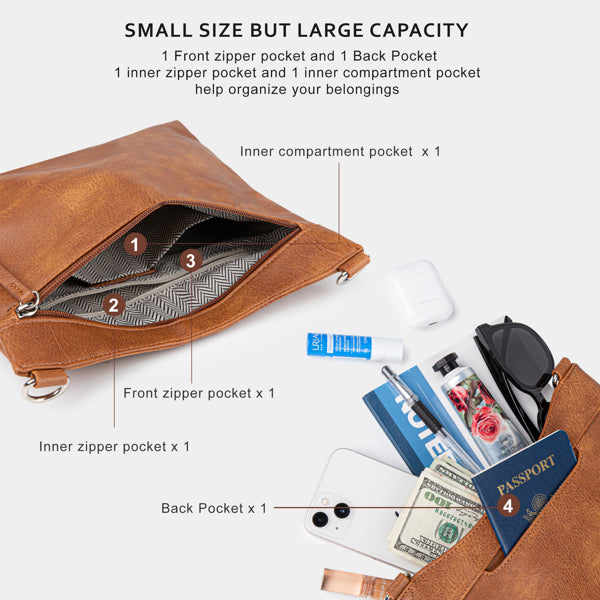 Crossbody Bags For Women With 2 Adjustable Straps Multi Pocket Small Cross Body Purse-Brown